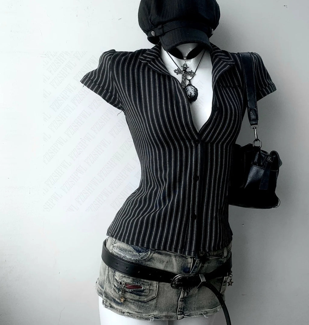 Y2K Pin-Stripped Baby Button Down