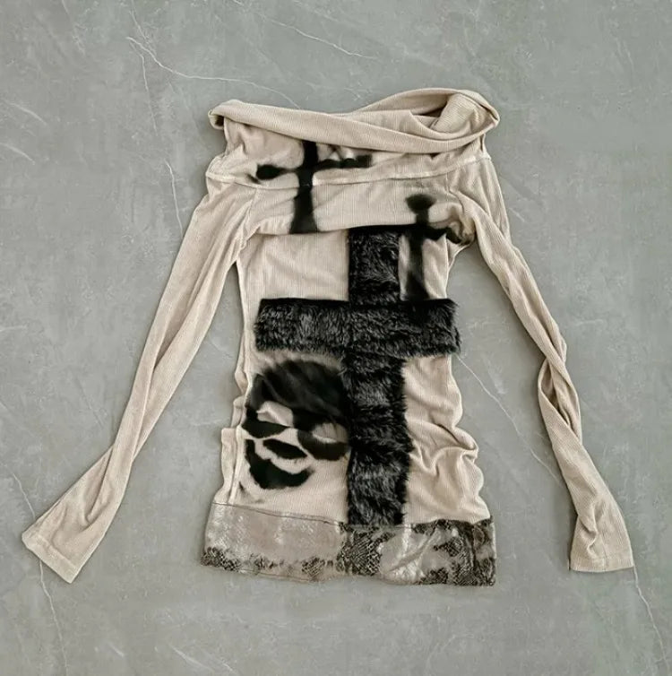 Patchwork Skulled Cross Drop Neck Top