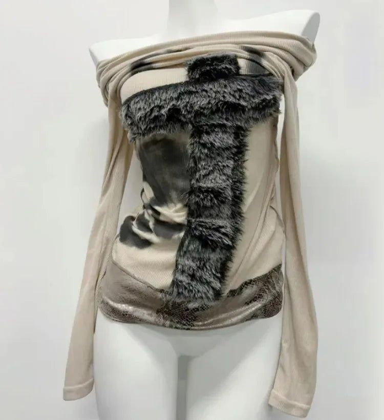 Patchwork Skulled Cross Drop Neck Top