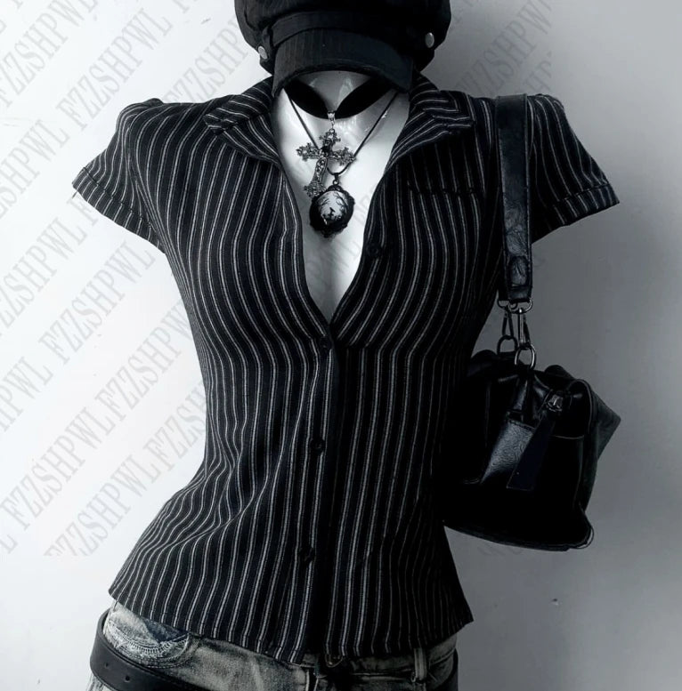 Y2K Pin-Stripped Baby Button Down