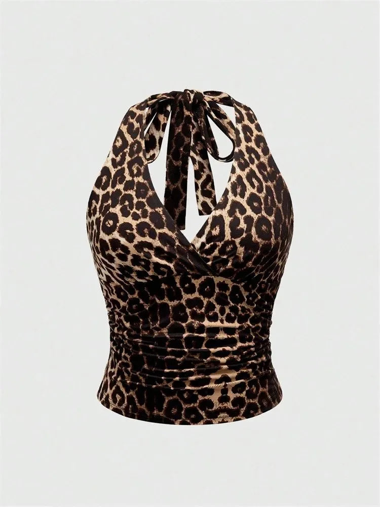Leopard Down Town V-neck Backless Halter