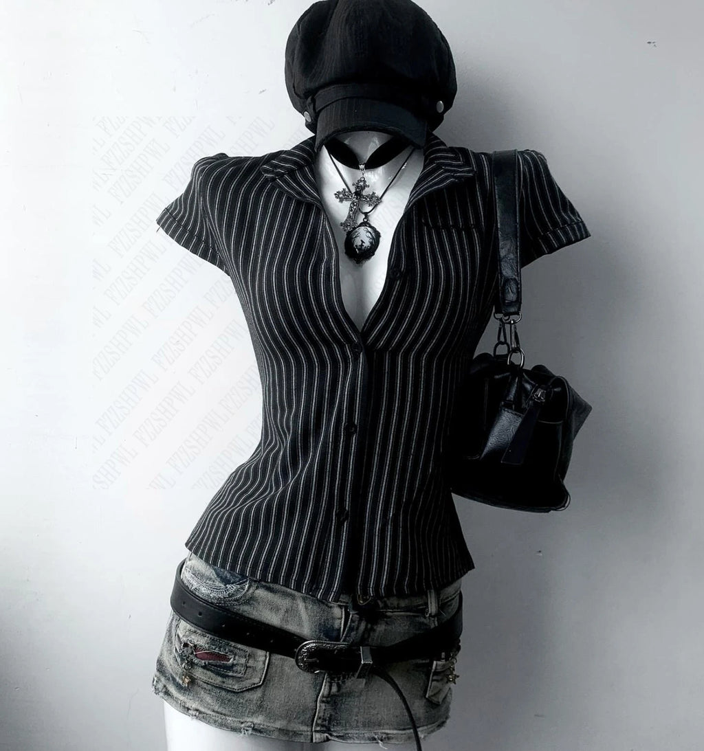 Y2K Pin-Stripped Baby Button Down